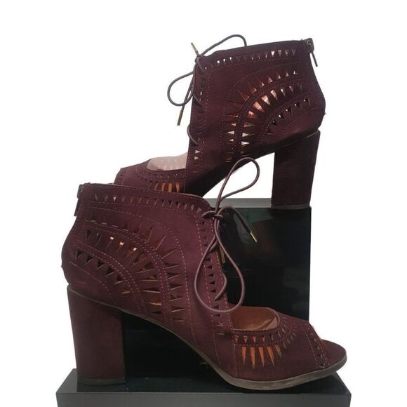 Women's Heeled Sandals Cutout Lace-Up Suede Chic Burgundy Pumps 7.5 - Picture 6 of 11